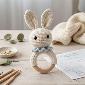 Bunny Baby Rattle Pattern | Wooden Ring Teether DIY | Boho Nursery Toy Crochet | Newborn Sensory Gift | Beginner Digital PDF Pattern