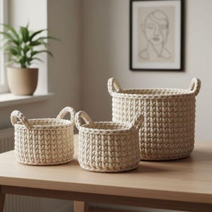 May include: Three cream-colored, hand-crocheted baskets of varying sizes sit on a light wood table. Each basket has two looped handles. The baskets are arranged in a group, with the largest basket in the back and the smallest in the front.