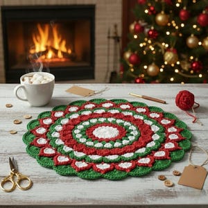 May include: A round, crocheted doily featuring concentric rings of red, white, and green yarn in a scalloped pattern. The circular textile is displayed alongside a white mug filled with marshmallows, gold scissors, a wooden tag, and yarn.