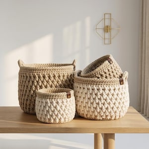 May include: A set of four handmade crochet baskets in varying sizes. The baskets are in shades of beige and cream, with a textured, woven appearance. The rims are a darker beige, and some have small leather tags. They sit on a light wood surface.