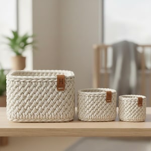 May include: Three woven cream-colored storage baskets of varying sizes. Each basket has a square or round shape and a brown leather tag with a letter "H" on the front. The baskets are arranged on a light-colored wooden surface.