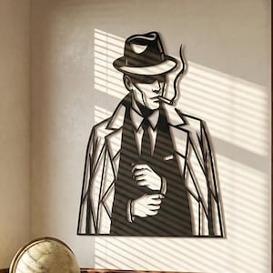 Arte de pared de metal con silueta de gánster / Diseño de película de crimen negro / Decoración de hombre fumando