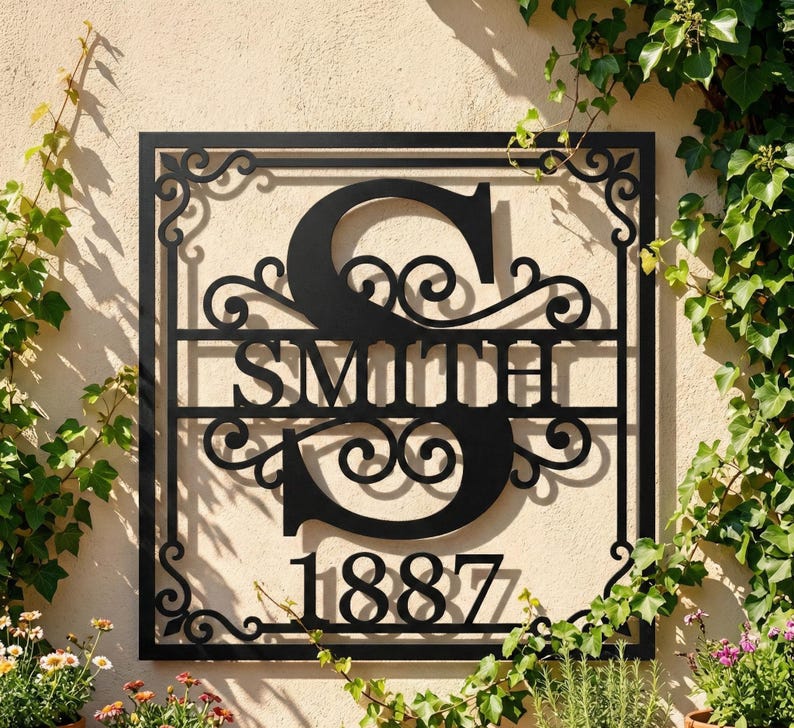 Personalized Metal Address Sign • Split Letter Monogram • Family Name ...