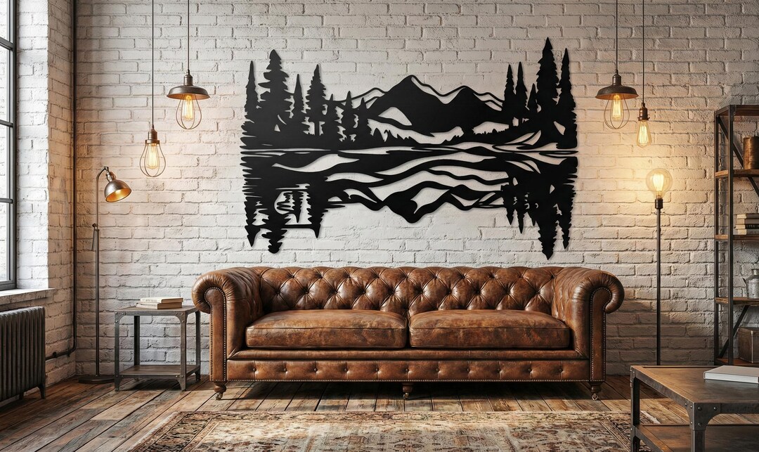 Mountain Lake Metal Wall Art, Cabin Decor, Rustic Pine Tree Silhouette ...