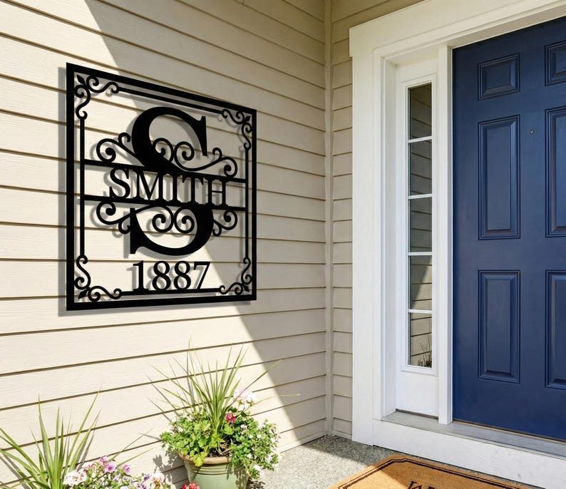 Personalized Metal Address Sign • Split Letter Monogram • Family Name ...