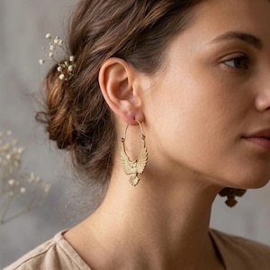 Handgemachte Messing Eule Creolen, Gold Ton, Boho Schmuck