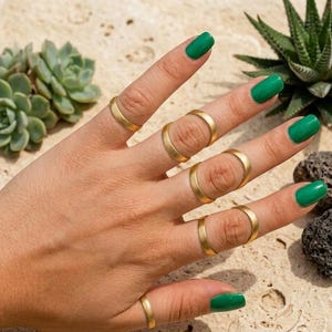 Könnte beinhalten: Eine Hand mit grünem Nagellack trägt mehrere goldene Ringe in verschiedenen Designs. Die Ringe umfassen schlichte Bänder und offene Kreisformen. Sukkulenten und dunkle Steine befinden sich im Hintergrund.