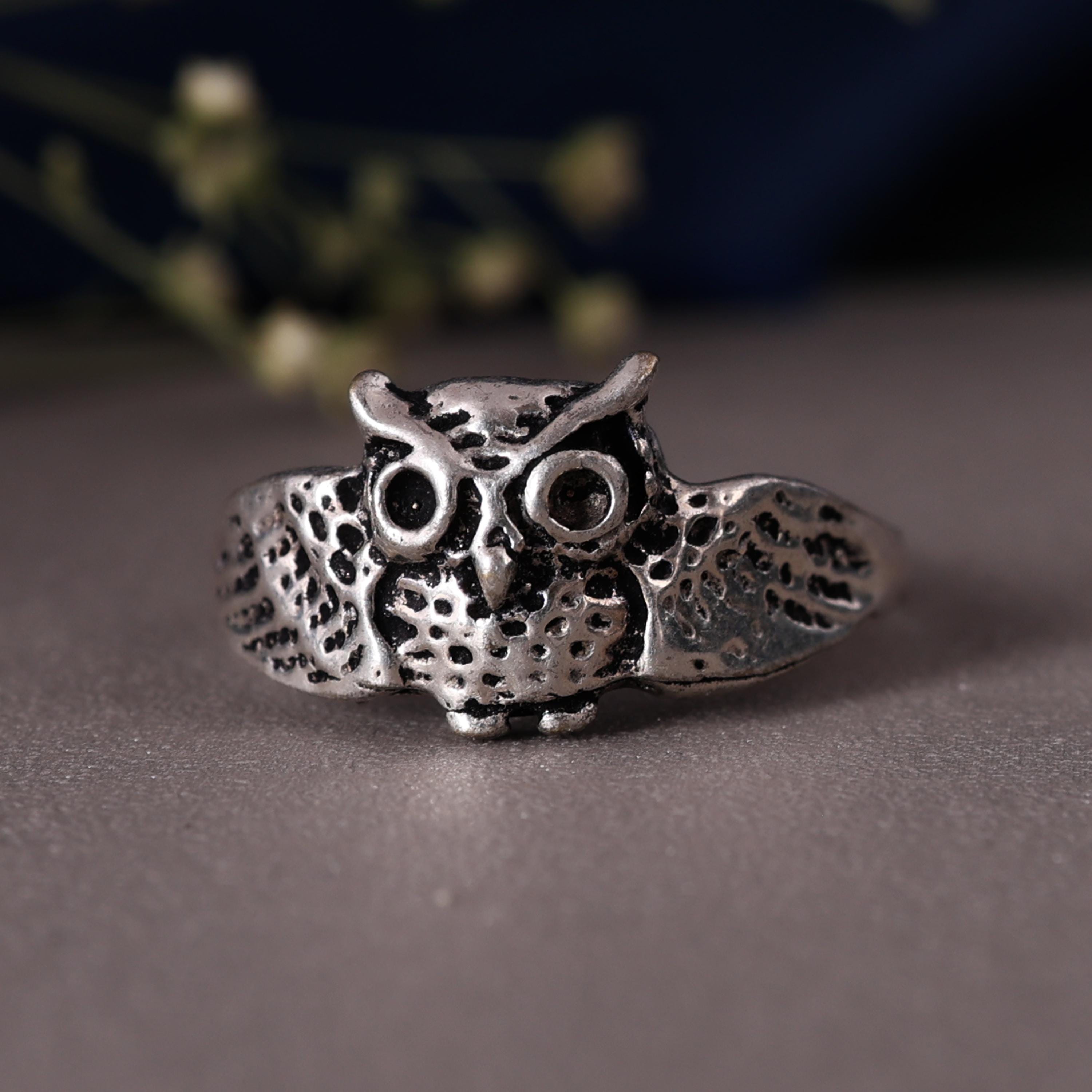 Oxidized Brass Owl Ring, Detailed Vintage Animal Statement Jewelry