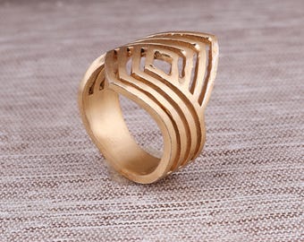 Messing Gold Statement Ring, Geometrische Gold Ring, moderne abstrakte Ring, Minimalist Boho Ring, architektonischen Ring, mutige Fingerring,