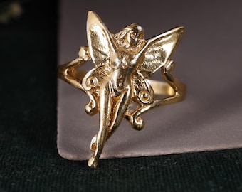 Anello da fata in oro fatto a mano, statuetta con ali d'angelo, gioielli fantasy