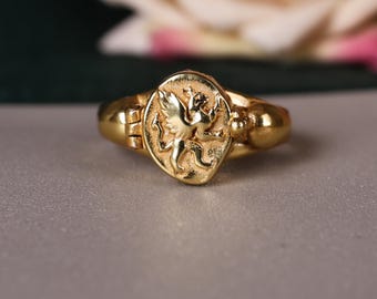 Poison Ring with Griffin Locket | Brass Gold Finish Secret Compartment Ring | Vintage Mythical Jewelry