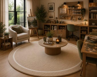 May include: A cozy, well-lit room with a neutral color palette. Features include a round rug with a cream border, a comfortable armchair, and a wooden desk with art supplies. The text "CREATE FOCUS INSPIRE" is visible.