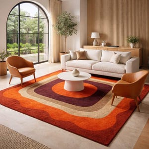 May include: A living room scene featuring a retro-style rug with concentric wavy bands of orange, red, tan, and brown. Two leather armchairs, a white sofa, and a round white coffee table complete the mid-century modern aesthetic.