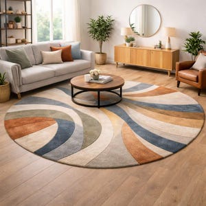 Könnte beinhalten: Ein großer, runder Teppich mit einem wirbelnden Design in Beige-, Blau-, Orange- und Grüntönen. Der Teppich befindet sich in einem Wohnzimmer mit Sofa, Couchtisch und anderen Möbeln. Der Durchmesser des Teppichs beträgt ca. 274 cm.