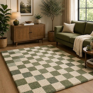 Abstract Rug, Wavy Pattern, Green & Sage Hand Tufted Wool, 3D Textured Sculpted Pile, Large Area Rug for Living Room, Bedroom, Boho Home