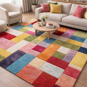 Mid Century Modern Geometric Wool Rug, Retro Color Block Area Carpet Handmade Hand-Tufted Wool Rug, Colorful Patchwork Area Rug, Modern Rugs