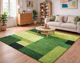 Handmade Hand-Tufted Green Geometric Wool Rug 8x10, Modern Abstract Area Rug, Scandinavian Living Room Carpet, Custom Mid Century Rug