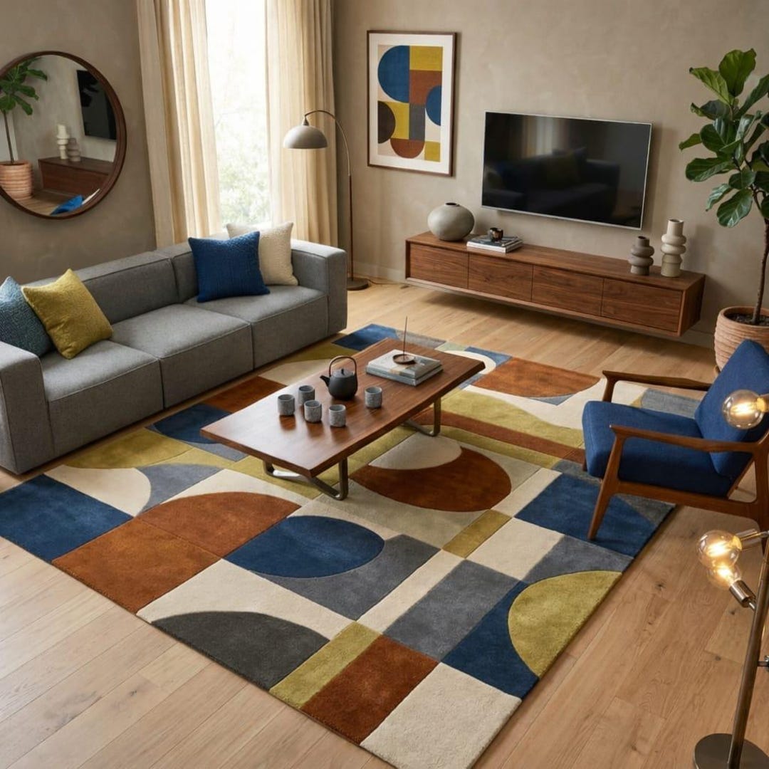 Handmade Hand-tufted 8x10 Wool Geometric Rug, Blue Beige Modern Area ...