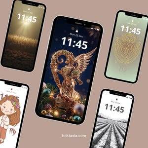 May include: A collection of smartphones displaying various digital wallpapers. The screens show images of wheat fields, a golden statue, a cartoon girl, an abstract design, and a black and white landscape. Each screen displays the date and time: Mon 25 Dec, 11:45.