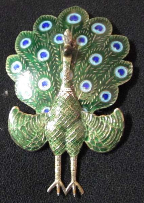 Green on Silver Plated Exotic Peacock Brooch 