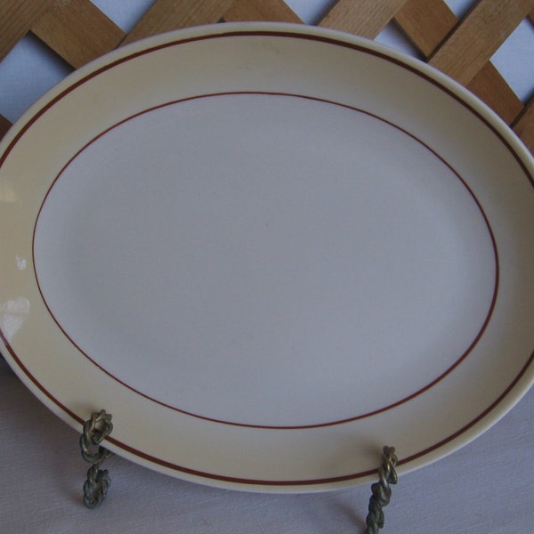 Oval Ceramic Platter, Homer Laughlin Best China, Restaurant Ware, White Tan and Brown Trimmed, Made in USA, MyVintageTable