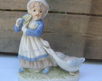 Ceramic Girl with Geese Collectible Figurine, Vintage Farmhouse Décor Shelf Sitter, MyVintageTable