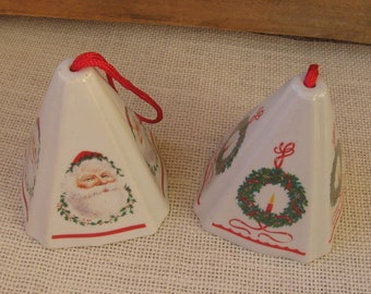 2 Jasco Potpourri Holders, Santa & Christmas Wreath Ornament, Ceramic Pyramid Shape, 3 1/4" Tall, Vintage Scent Dispenser, MyVintagetable