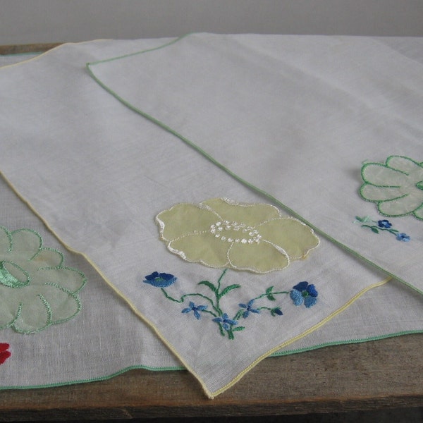 3 Floral Applique Handkerchiefs with Pink Yellow Green Blue Flowers, Ladies Hankie, Pocket Scarf, Sheer Cotton, Layered, MyVintageTable