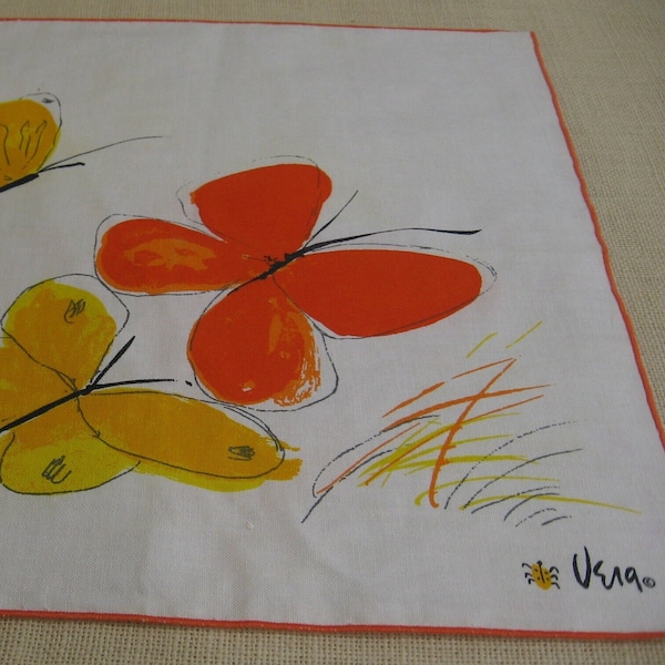 Vintage Vera Napkin with Orange and Yellow Butterflies, 16 Inch Single Napkin, MyVintageTable