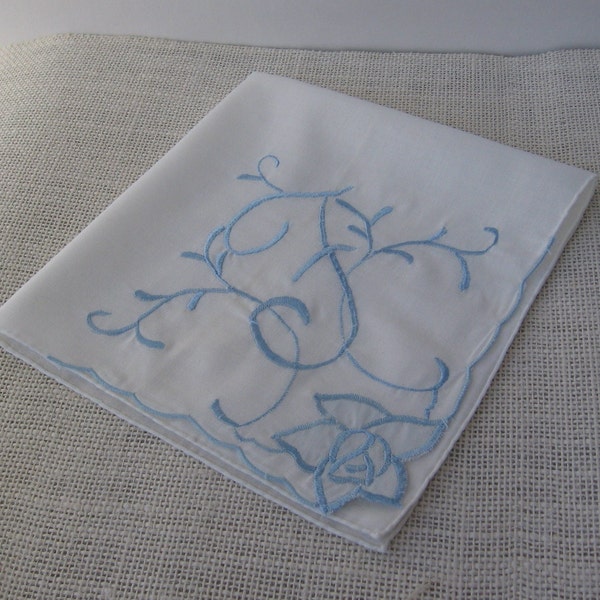 White Cotton Handkerchief Monogrammed F, Pastel Blue Embroidered Floral Edge, 14 Inch Square, MyVintageTable