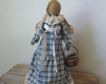 Country Girl 12 Inch Tree Topper or Shelf Sitter from Enesco, Vintage 1988, Blue Plaid Dress, Christmas All Year Round Decor, MyVintageTable