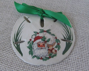 Vintage Sand Dollar Ornament with Santa Decal Embellishment, 3 Inch Round Minor Chipping, MyVintageTable