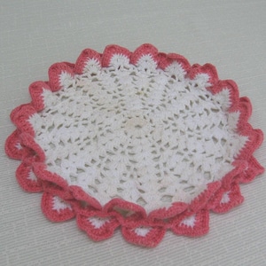 Pink Ruffled White Doily, 8 Inch Round Doily Vanity Scarf, Centerpiece Table Linen, MyVintageTable