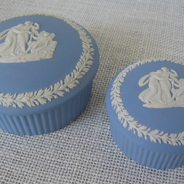 Set of 2 Blue Jasperware Wedgwood Nesting Trinket Boxes / Angel Theme / Light Blue and White / Made in England