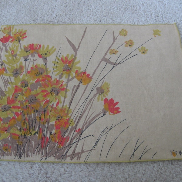 3 VERA Placemats with Summer Flowers on Ecru Background, 15 by 11 1/2 Inch Rectangle, Orange Yellow Flowers, MyVintageTable