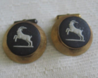 Destino Black and White Ram Cameo Cuff Links, Vintage 1980's, Gold Metal Trim and Post, 1 Inch Round, MyVintageTable
