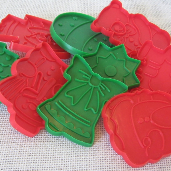 9 Christmas Cookie Cutters in Red and Green Plastic, Cut Out Cookie Tool with Handle, MyVIntageTable