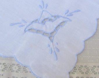 Vintage White Napkin with Blue Embroidered Cutwork Floral Design, Scalloped Edge, Single Table Linen, Crafting Cotton Blend, MyVintageTable