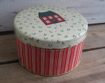 Vintage Hallmark Cards Christmas Tin with Home Theme, Small Size Storage Canister, 5 Inch Round, MyVIntageTable