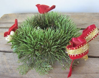 Vintage Green Plastic Christmas Candle Ring, 6 1/4 Inch with Flocked Red Birds Glittered Berries and Bow, MyVintageTable