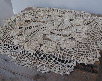 Large 16 Inch Round Beige Table Centerpiece Doily, Vanity Scarf, Raised Flowers, MyVintageTable
