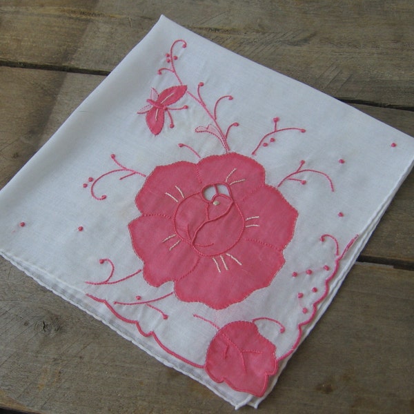 Hot Pink and White Floral Ladies Handkerchief, Hand Appliqued and Embroidered Flower Hankie, Cotton Blend Square, MyVintageTable