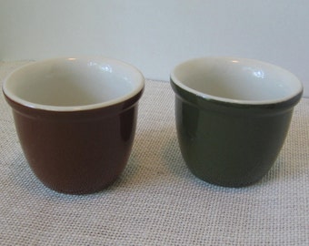 Brown and Green HALL Pottery Custard Cups Ramekins or Crocks, Set of 2, Made in USA, Small Size, MyVintageTable