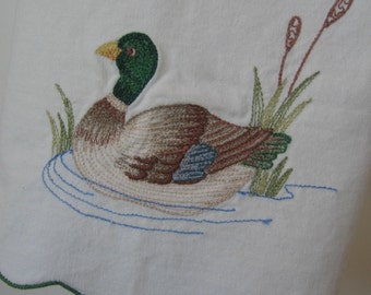 Vintage Embroidered Kitchen or Guest Towel with Swimming Mallard Duck, MyVintageTable