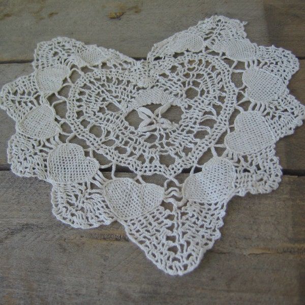 Off White Crochet Heart Doily, 8 1/4 by 8 1/2 Inch, Vanity Scarf, Doily to Frame, Hearts on Hearts Design, MyVintageTable