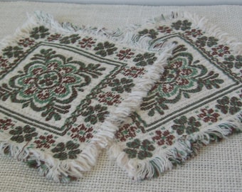 Pair of Green Floral Square Small Doilies or Coasters 6 1/4 Inch, Decorative Woven Vanity Scarfs, MyVintageTable