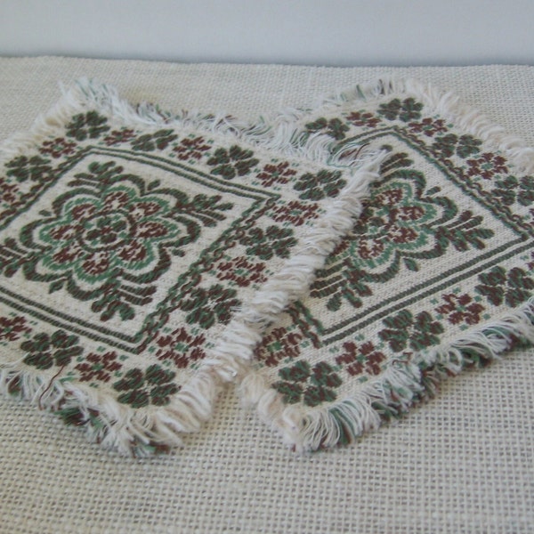 Pair of Green Floral Square Small Doilies or Coasters 6 1/4 Inch, Decorative Woven Vanity Scarfs, MyVintageTable