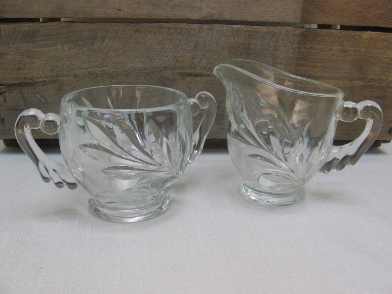 Indiana Glass Creamer Sugar Bowl Set Willow Oleander Leaf Image 0