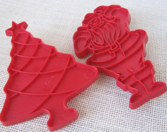 2 Vintage Tupperware Christmas Cookie Cutters, Cut Out Cookies, Red Plastic with Handles, Tree and Santa Claus, MyVintageTable