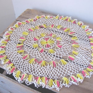 Crochet Doily, White with Orange & Yellow Floral Accents - 12.5 Inch Round Handcrafted, Table Centerpiece, MyVintageTable